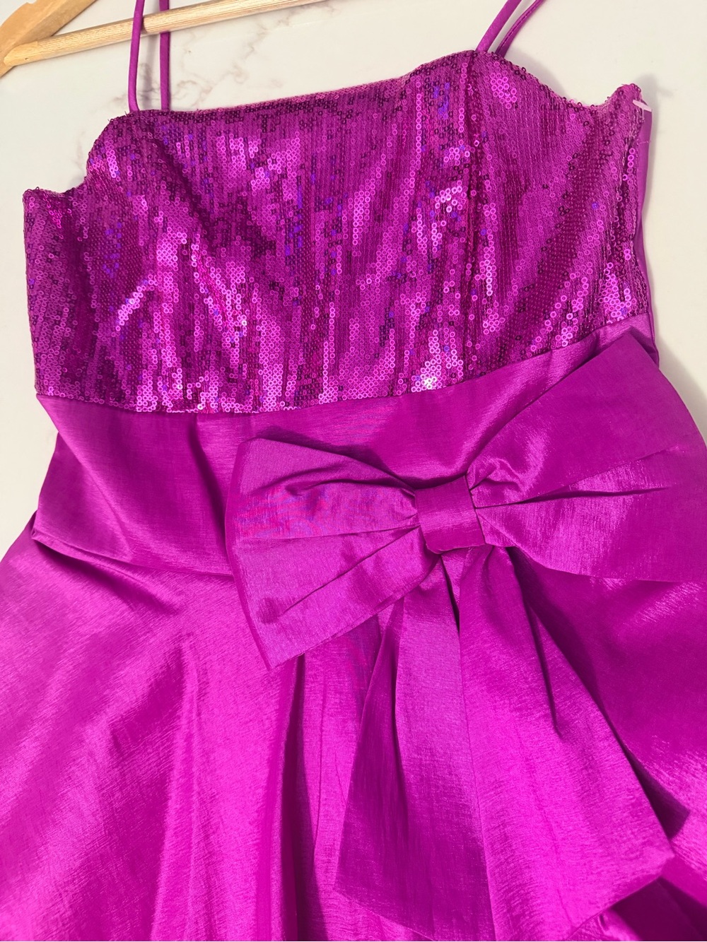 Grace in LA Fuchsia Sequin Bodice Bubble Dress with Bow - Picture 9 of 12